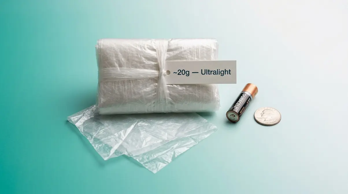 Polycro ultralight groundsheet folded to compact size next to AA battery showing minimal weight and pack size