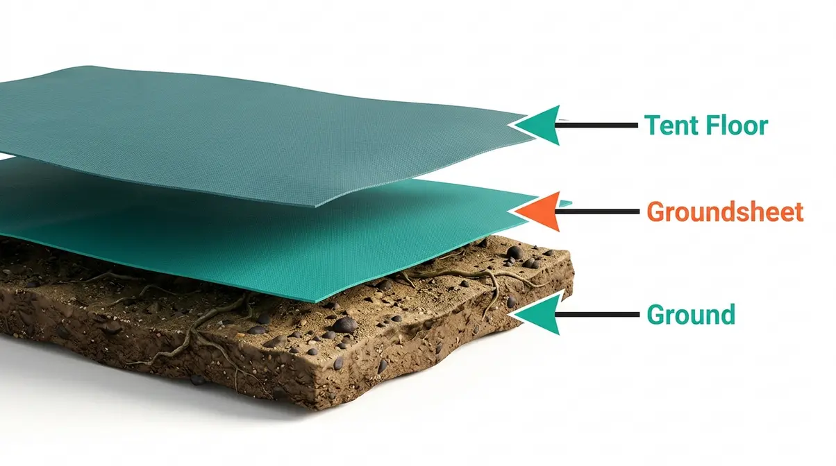 Cross-section diagram showing tent groundsheet layer between ground and tent floor blocking moisture and abrasion