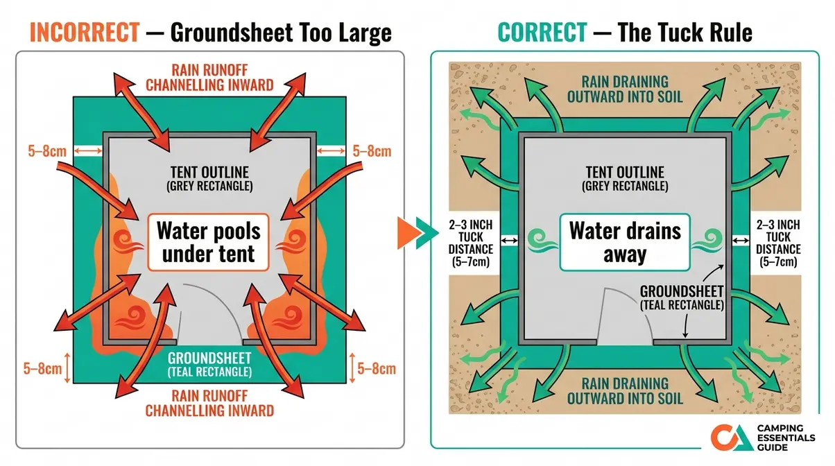 Side-by-side diagram of correct tent groundsheet tucked under walls versus incorrect oversized groundsheet extending beyond tent