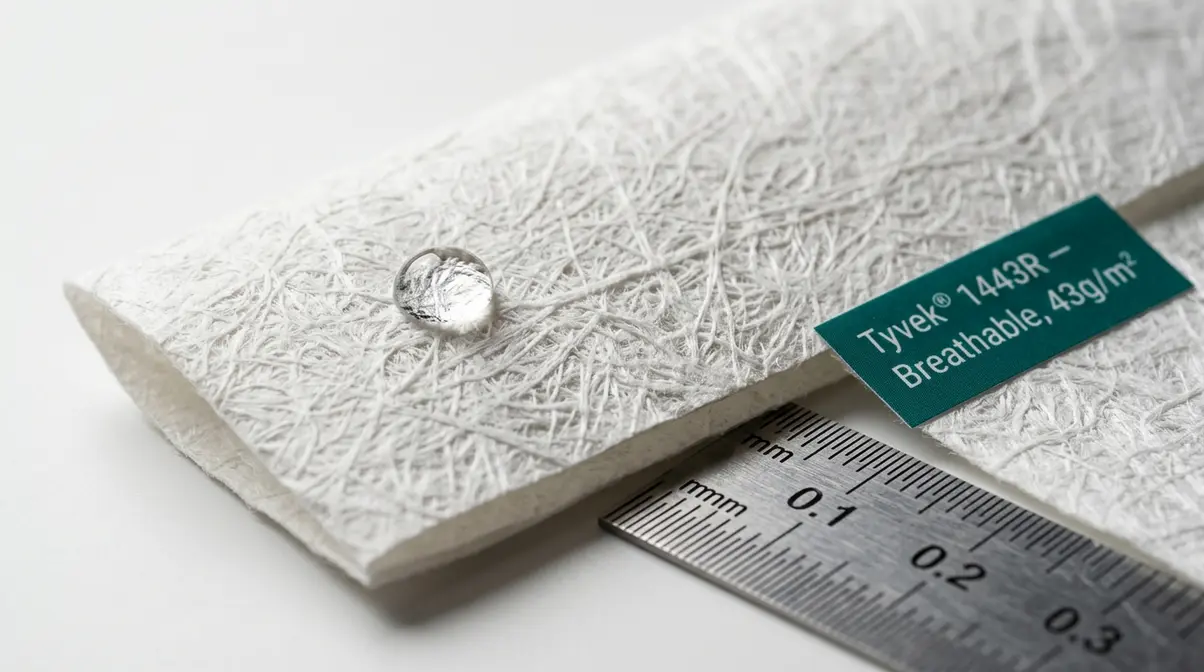 Close-up macro photograph of Tyvek 1443R groundsheet material showing fibrous texture and water beading on surface