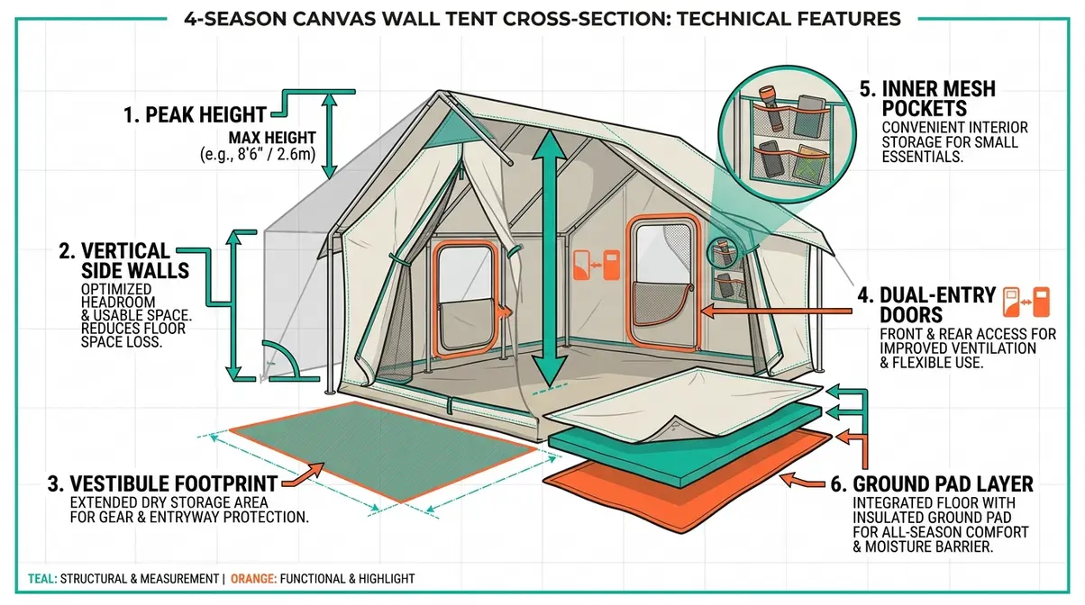 Tent livability guide anatomy infographic showing VAST Framework features on canvas tent cross-section