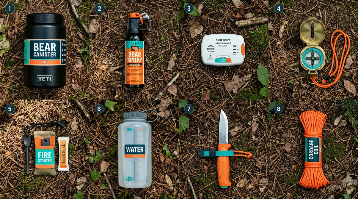 Essential camping safety gear for long-term tent living including bear canister, CO detector, compass, and fire starter