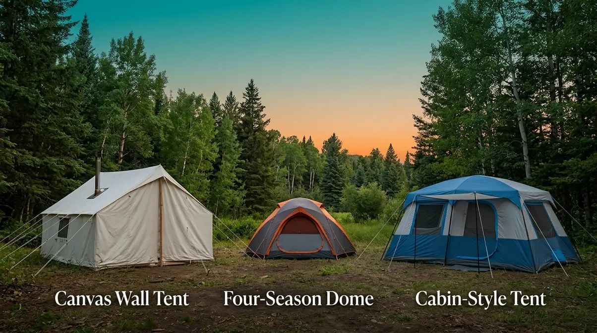 Three tent types for long-term living — canvas wall tent, four-season dome, and cabin-style tent compared side by side