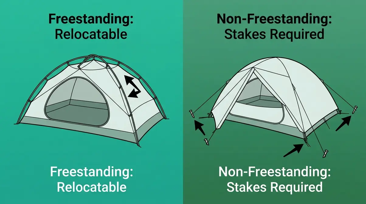 Freestanding vs non-freestanding tent comparison showing pole structure and staking requirements for forestry camping