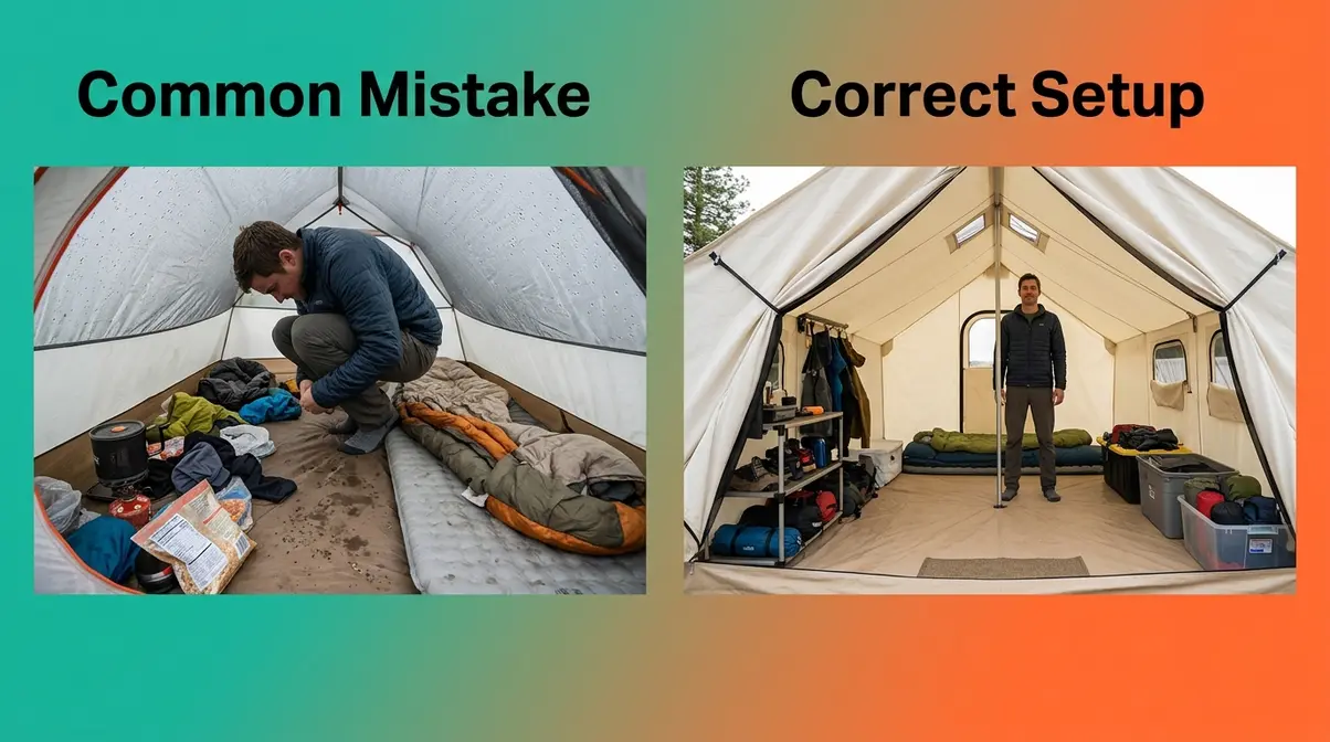 Common tent living mistakes vs correct setup showing cramped low tent compared to organized spacious canvas tent
