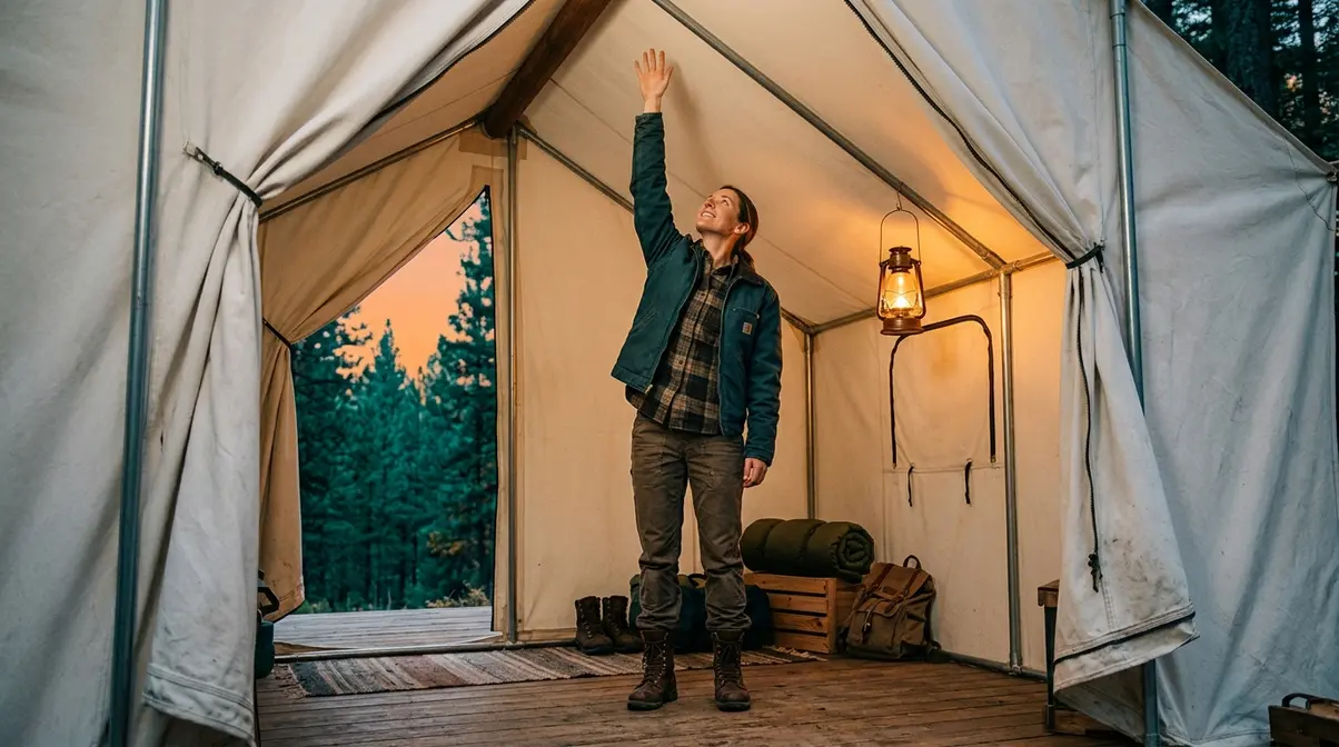 Person standing fully upright inside canvas wall tent demonstrating six-foot peak height for long-term tent living