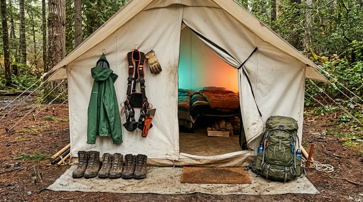 Large tent vestibule with dual entry doors storing boots, rain gear, and work equipment for forestry camping