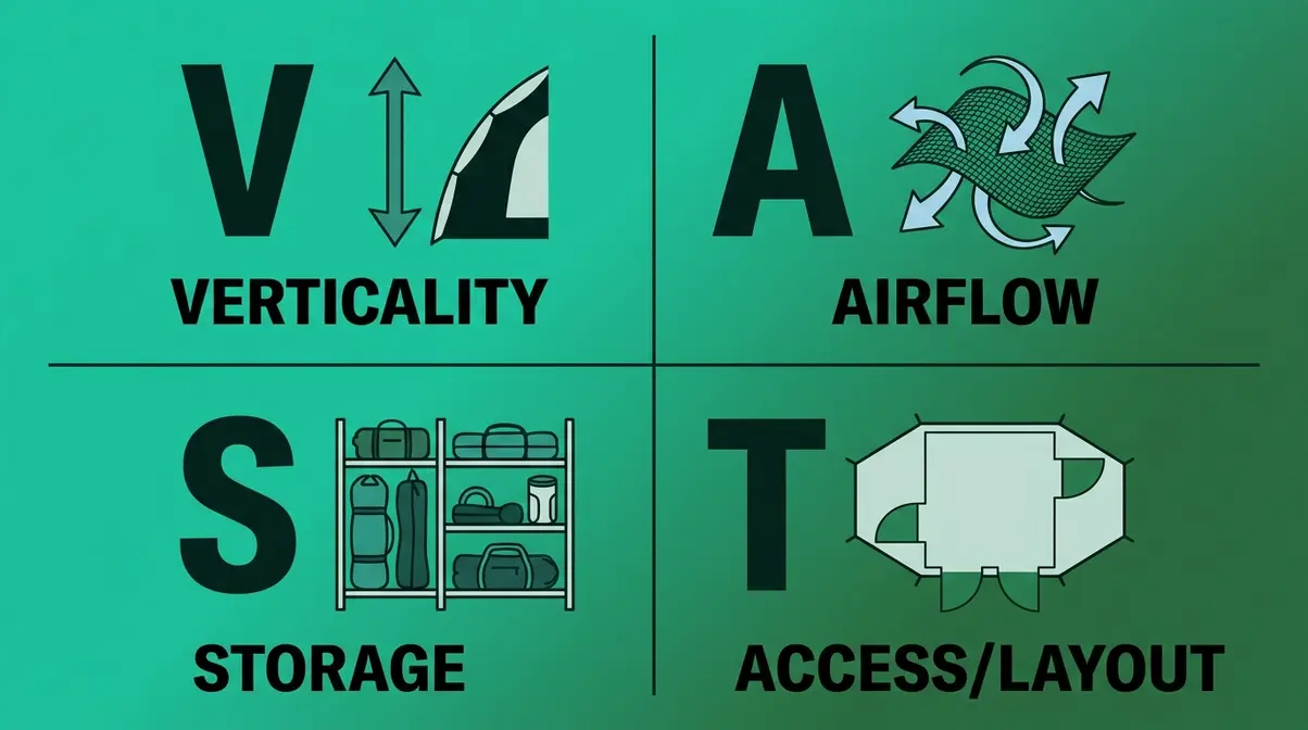 VAST Framework four-quadrant diagram showing vertical walls, air circulation, storage, and transitions for tent livability