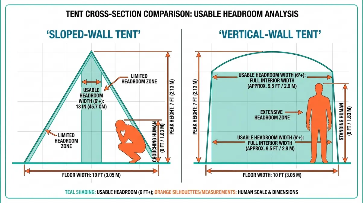 Vertical walls vs sloped walls tent headroom comparison diagram showing usable space difference