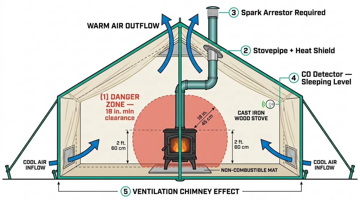Wood stove tent safety clearance diagram for canvas tent installation showing danger zone and CO detector placement