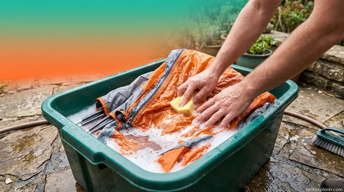Hand-washing a synthetic camping tent in a large bin of water