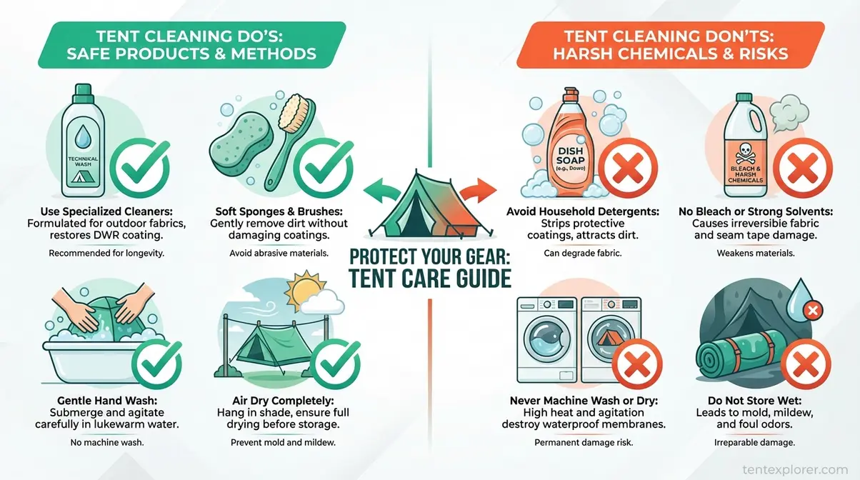 tent maintenance tips cleaning flowchart showing safe and unsafe products for tent fabric