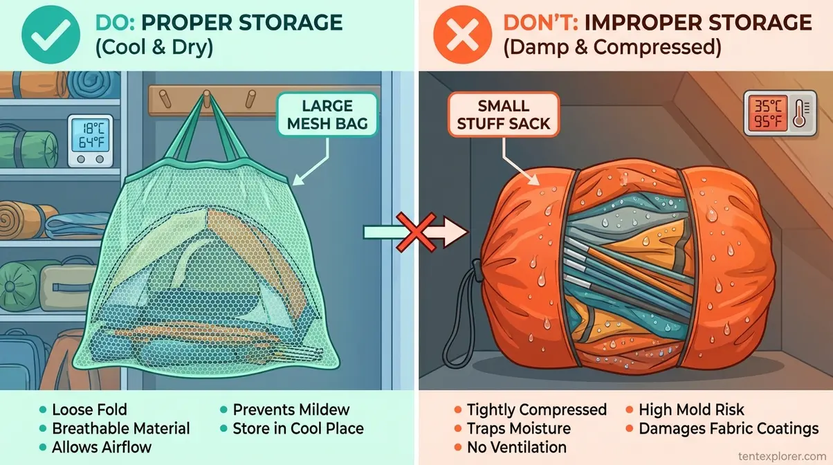 tent storage comparison showing breathable mesh bag versus compressed stuff sack long-term damage