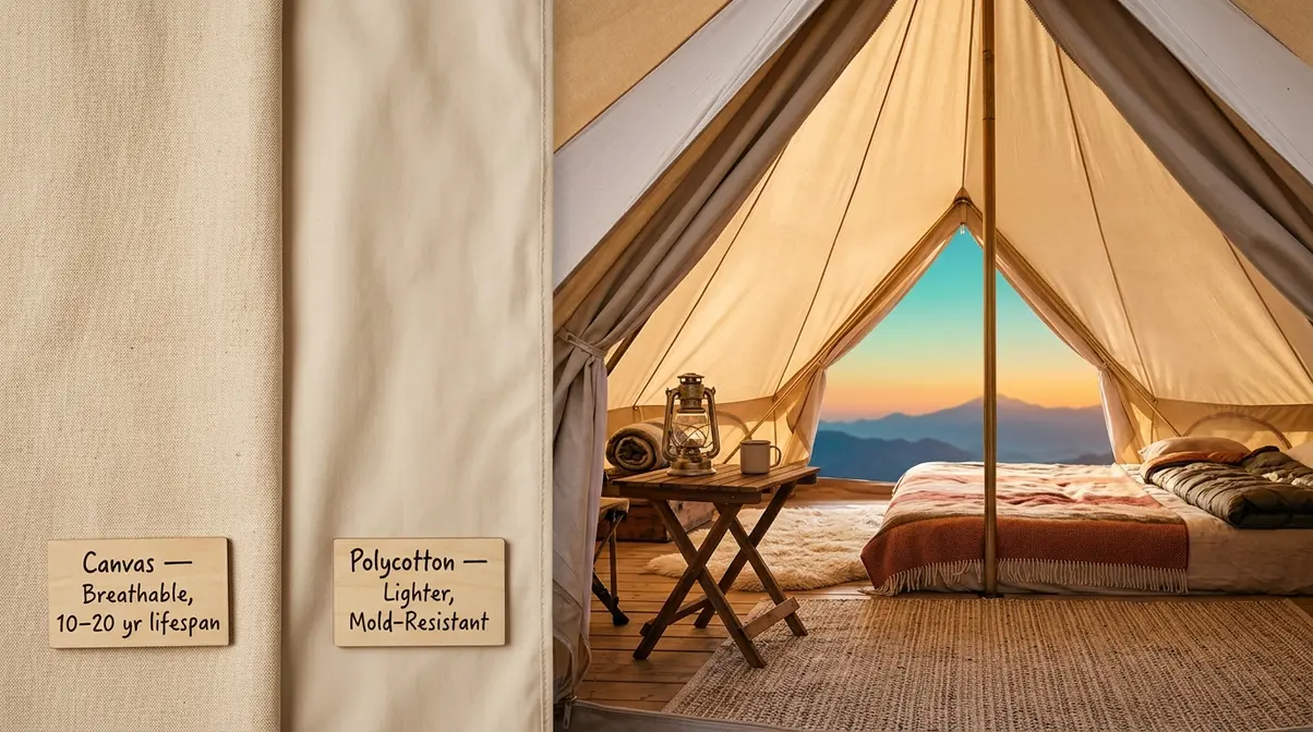 Canvas bell tent interior showing breathable cotton fabric and condensation-free walls for comfortable camping