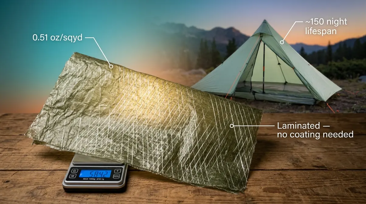 DCF Dyneema Composite Fabric sheet showing translucent laminated structure of ultralight tent material