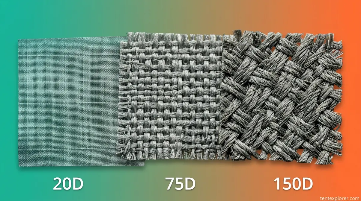 Close-up comparison of 20D, 75D, and 150D tent fabric thickness and weave density
