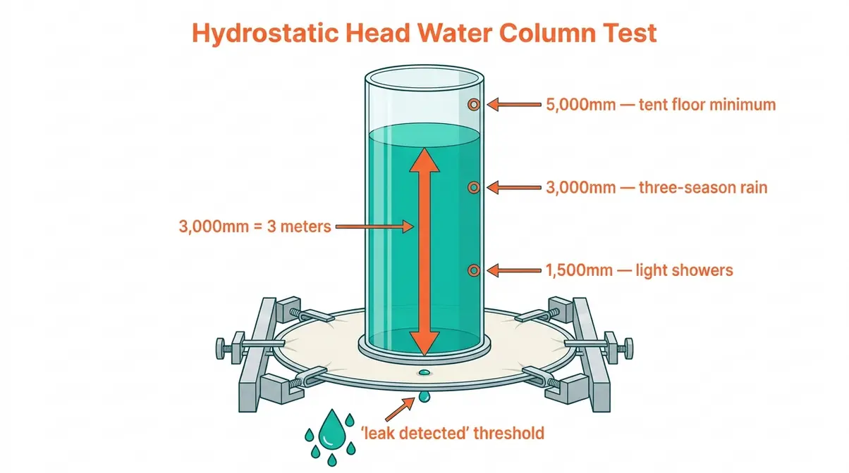 Diagram of hydrostatic head water column test showing tent fabric waterproof resistance in millimeters