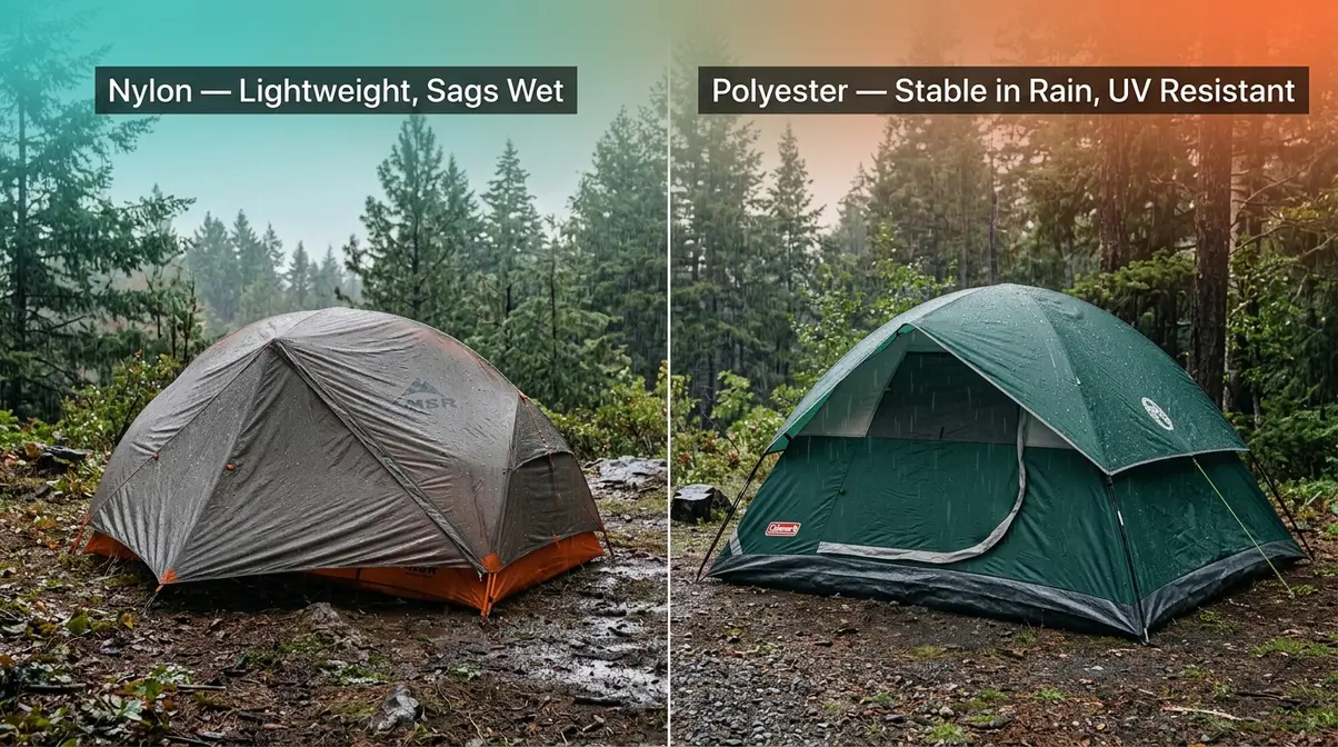 Nylon versus polyester tent fly comparison showing wet sag on nylon and stable pitch on polyester in rain