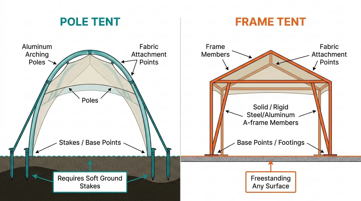 Side-by-side diagram comparing pole tent and frame tent structural anatomy with stakes versus freestanding frame