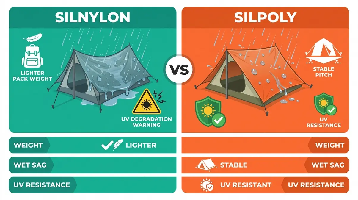 Silnylon versus silpoly comparison infographic showing weight, wet sag, and UV resistance differences