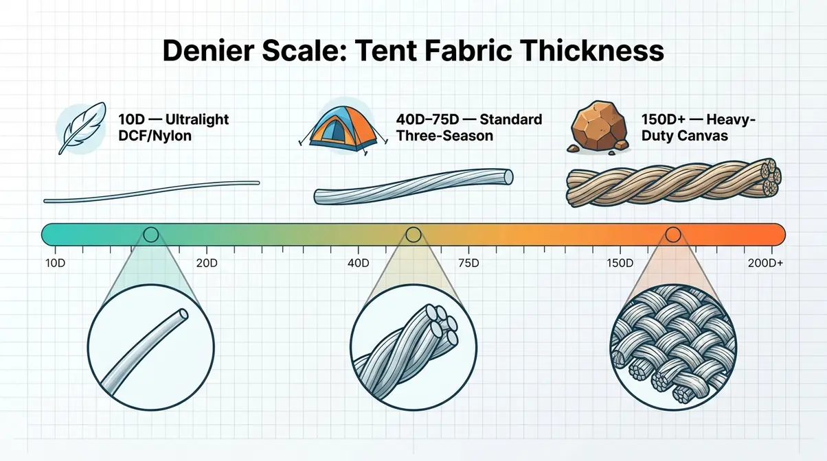 Denier scale infographic showing tent fabric fiber thickness from 10D ultralight to 150D heavy-duty canvas