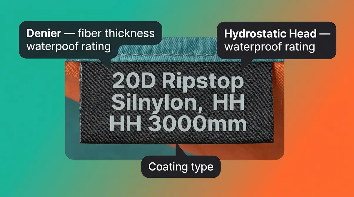 Tent fabric spec label showing 20D denier and HH 3000mm hydrostatic head rating with callout annotations
