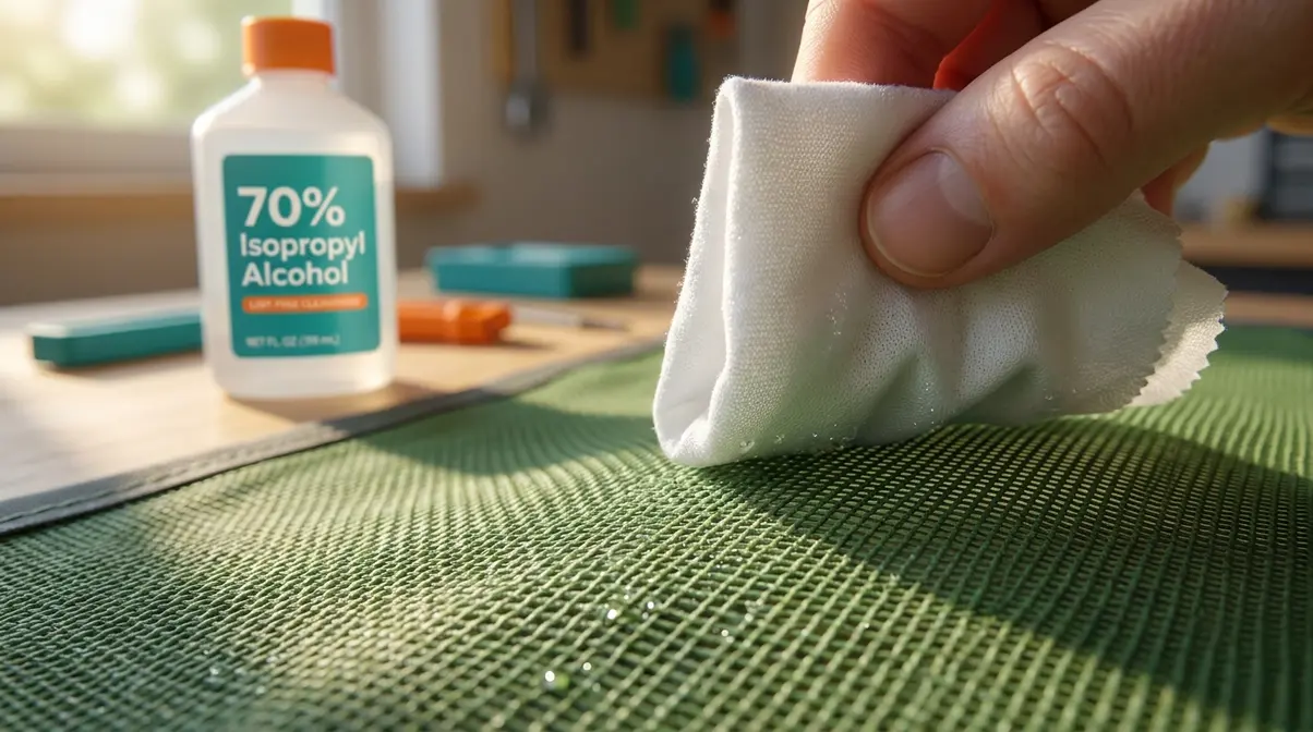 Lint-free cloth wiping tent mesh repair area with rubbing alcohol before applying adhesive patch