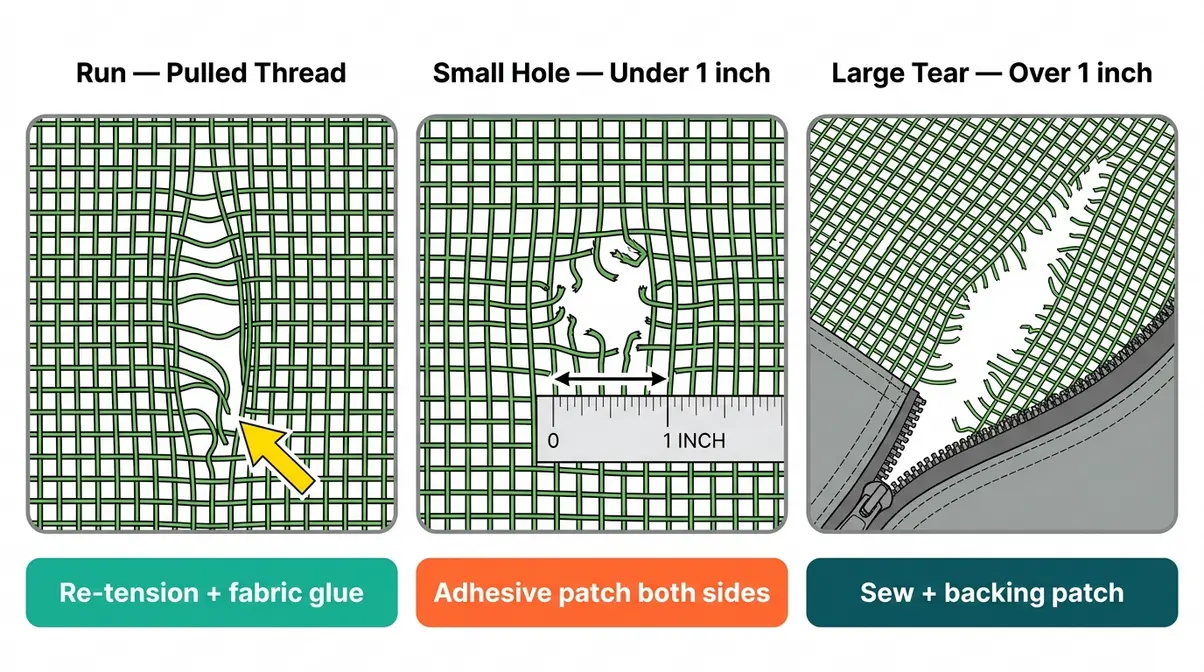 Diagram showing three tent mesh damage types — run, small hole, and large tear — with repair labels