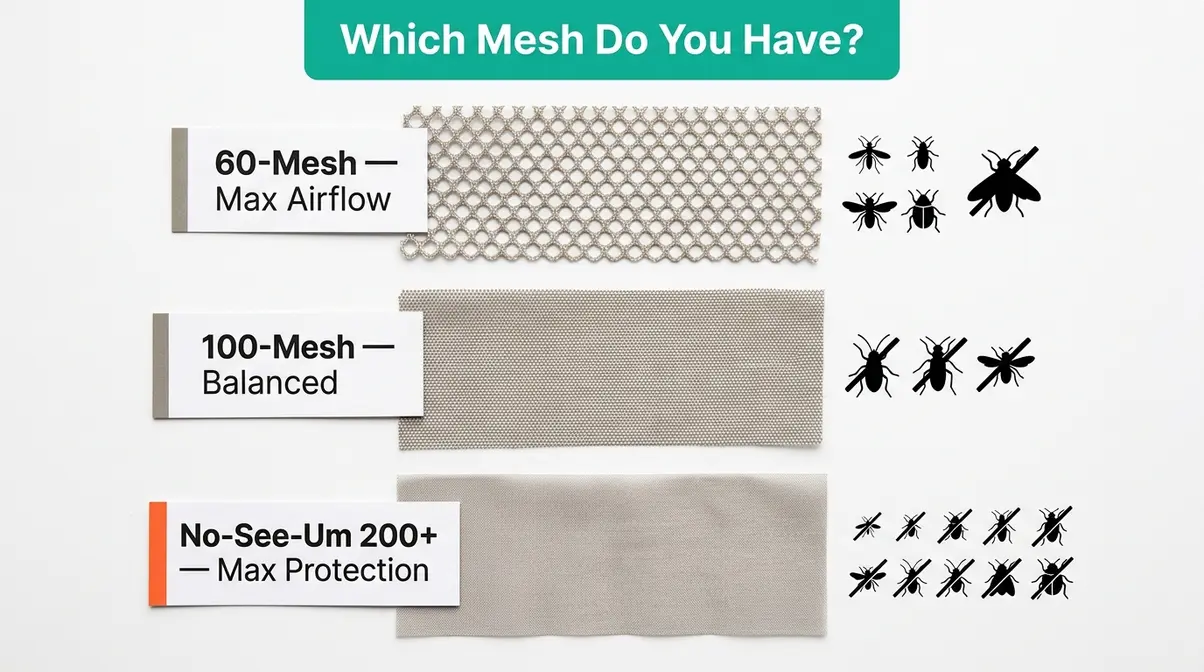 Comparison of 60-mesh, 100-mesh, and no-see-um tent mesh ratings showing weave density differences