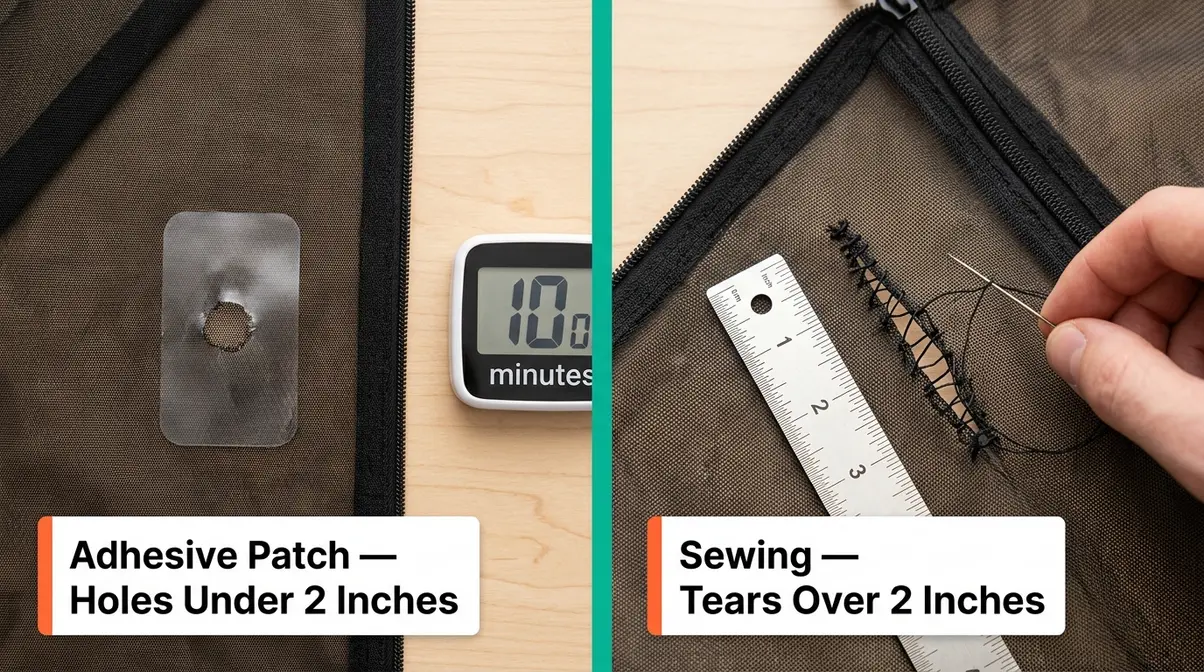 Side-by-side comparison of adhesive patch repair versus sewing method for tent mesh damage