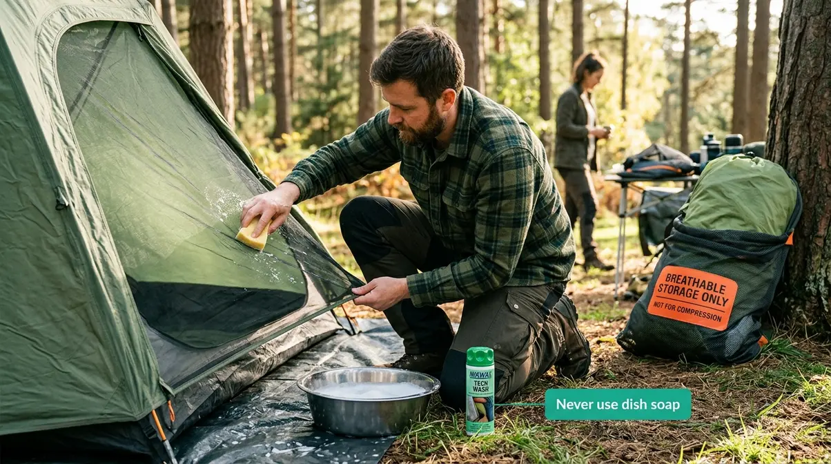 Camper cleaning tent mesh with tent-safe cleaner and storing tent in breathable bag to prevent damage