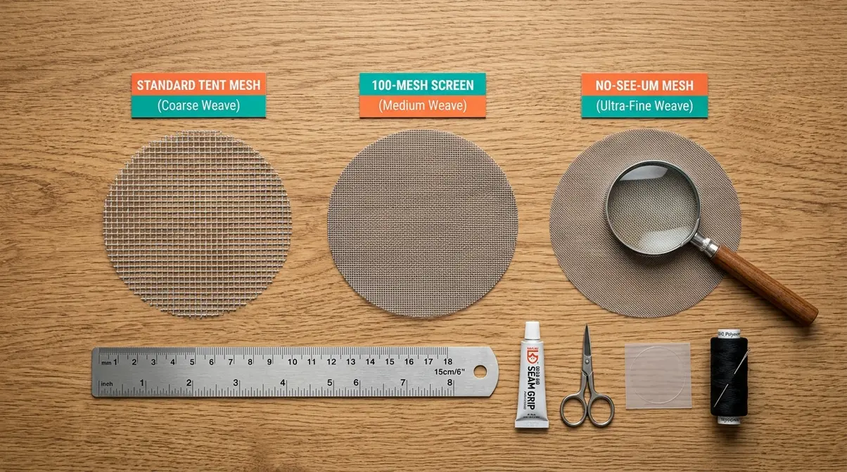 Three tent mesh material swatches showing standard, 100-mesh, and no-see-um weave types side by side