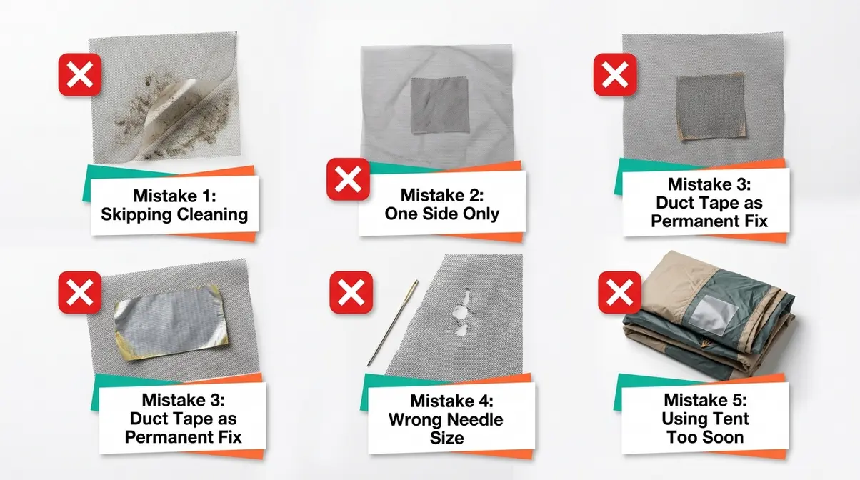 Five common tent mesh repair mistakes illustrated including skipping cleaning and patching only one side