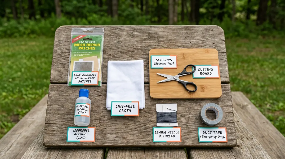 Complete tent mesh repair toolkit laid flat showing patches, alcohol, scissors, needle, and thread