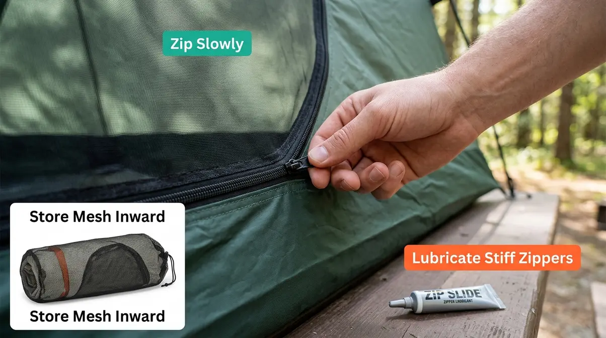 Tent door zipper being operated slowly along mesh panel with zipper lubricant to prevent snags and runs