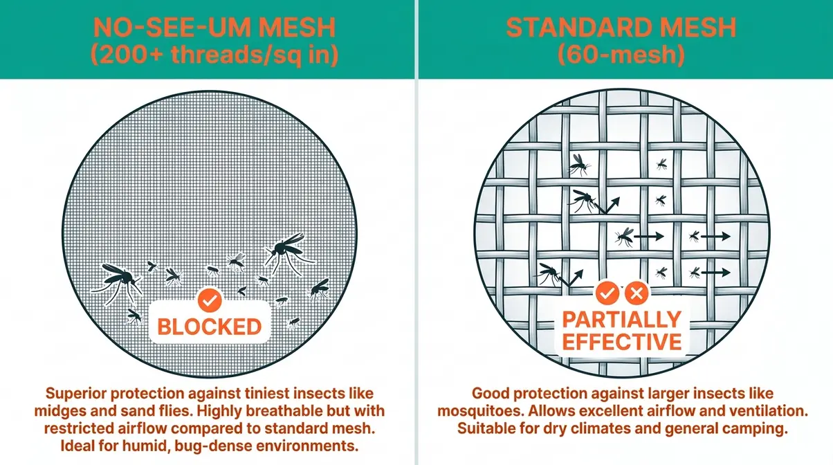 Side-by-side comparison of no-see-um mesh versus standard mesh weave patterns for tent repair