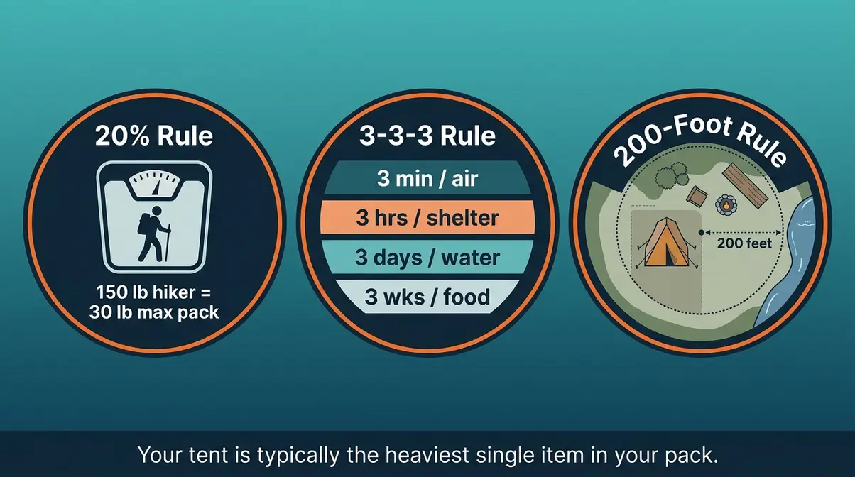 Three backpacking rules affecting tent packed size: the 20% weight rule, 3-3-3 survival rule, and 200-foot camping rule