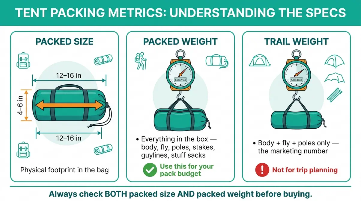Infographic comparing tent packed size dimensions versus packed weight and trail weight for beginner campers