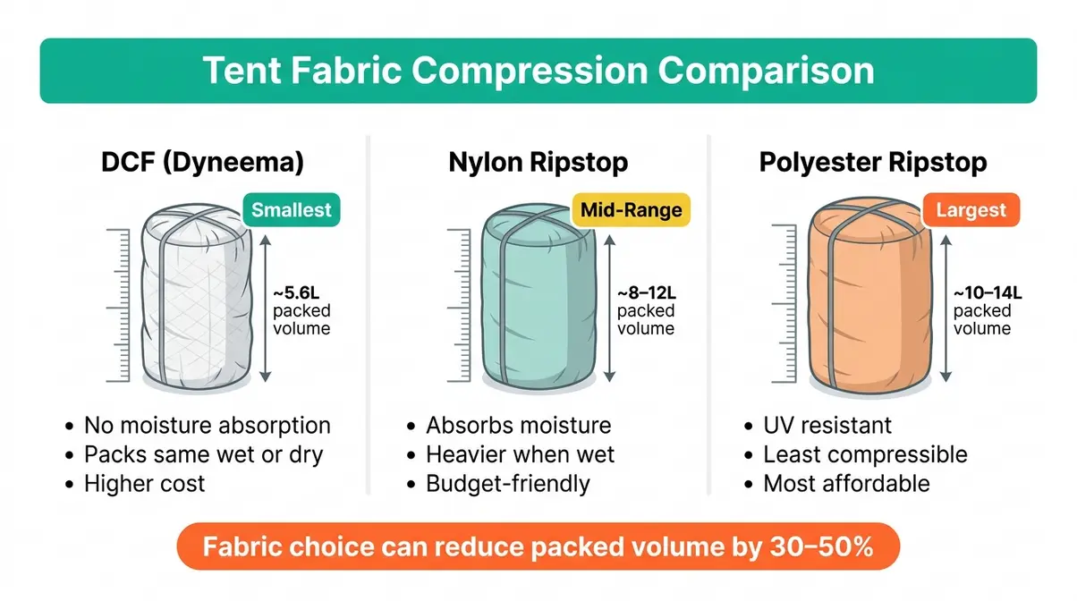 Side-by-side comparison showing packed volume difference between DCF, nylon, and polyester tent fabrics