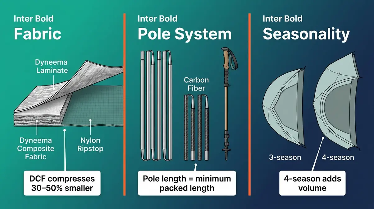 Three key factors affecting tent packed size: fabric type, pole system, and seasonality rating