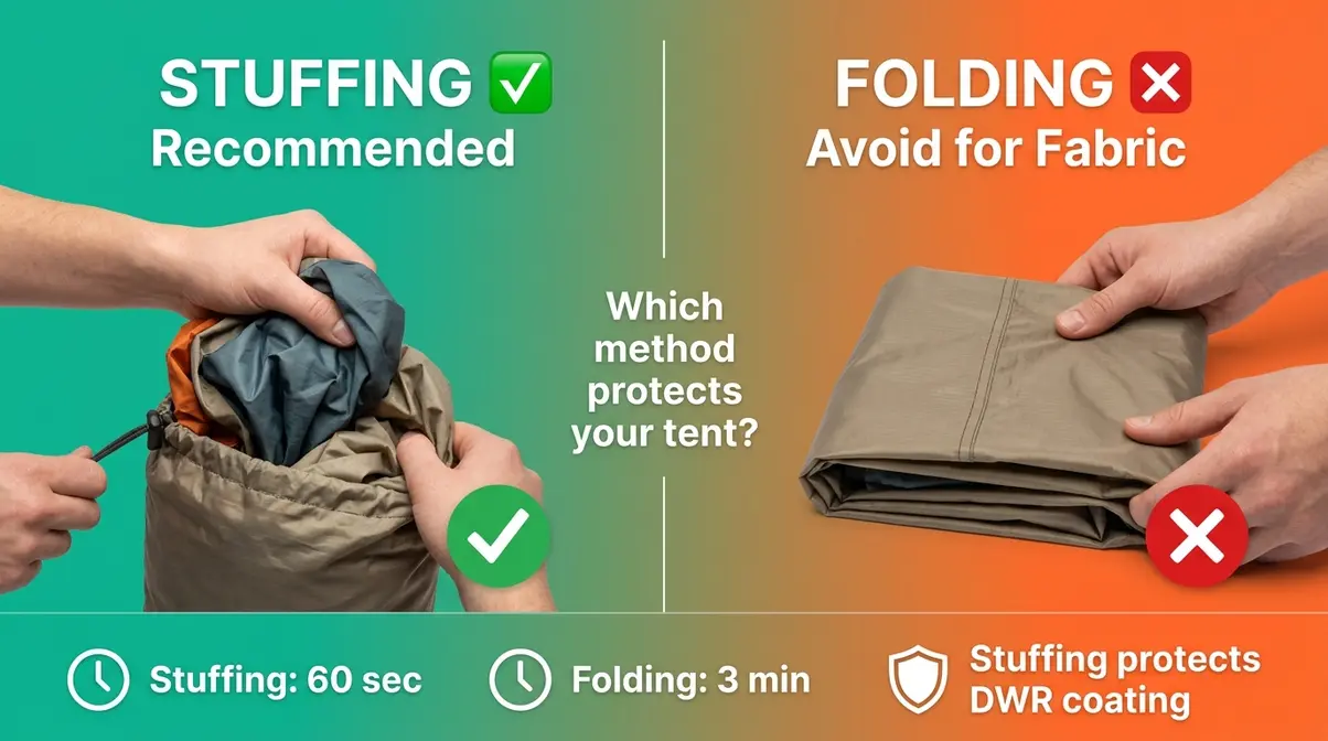 Side-by-side demonstration of tent stuffing versus folding technique showing correct backpacking method