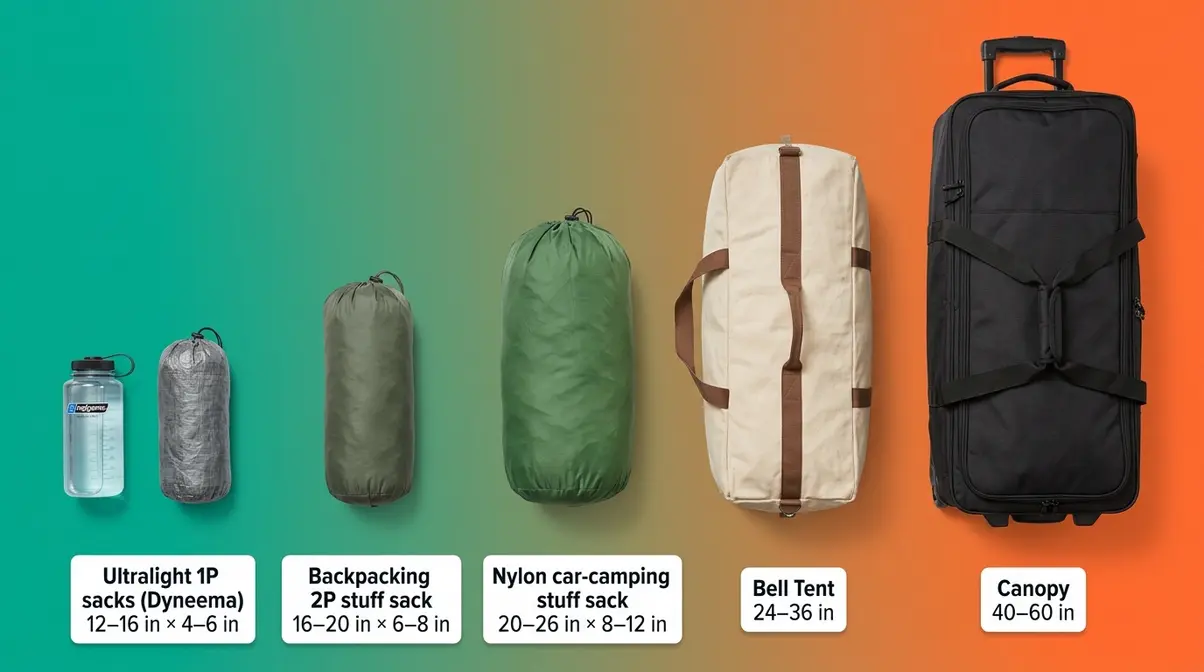 Five tent stuff sacks arranged by size from ultralight backpacking to canopy car-camping roller bag