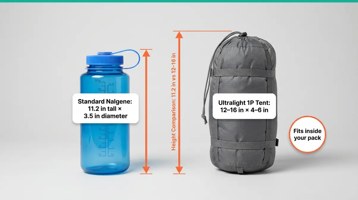 Visual comparison of packed ultralight 1-person tent next to a standard Nalgene water bottle showing relative size