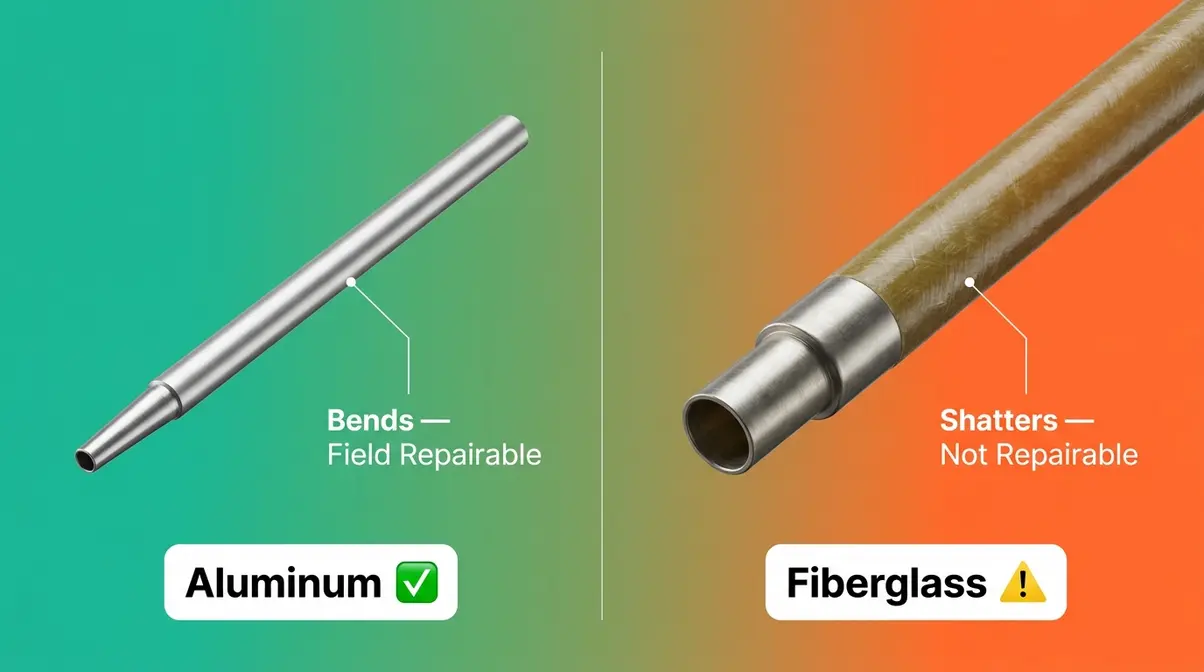 Aluminum tent pole versus fiberglass tent pole side-by-side comparison showing construction differences