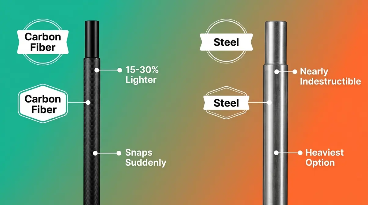 Carbon fiber tent pole versus steel tent pole comparison showing weight and durability trade-offs