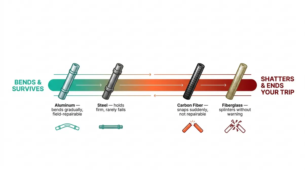 Pole failure spectrum showing tent pole materials ranked from aluminum bends to fiberglass and carbon fiber shatters