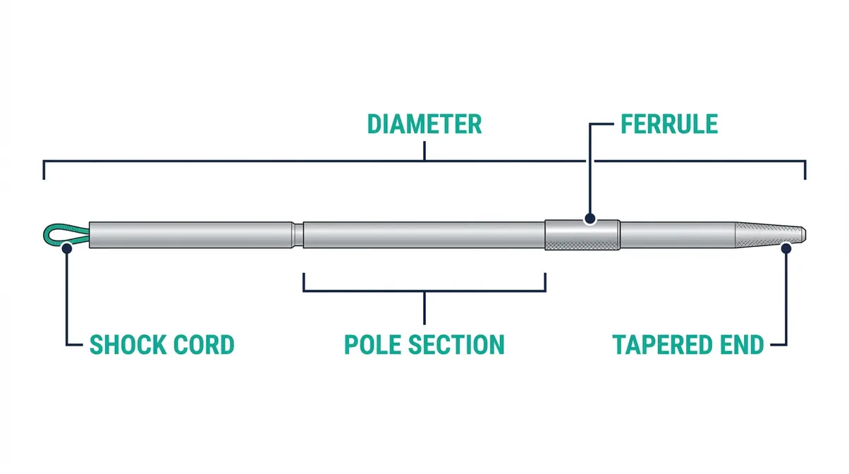 Labeled diagram of tent pole anatomy showing ferrule, shock cord, tapered end, and pole section