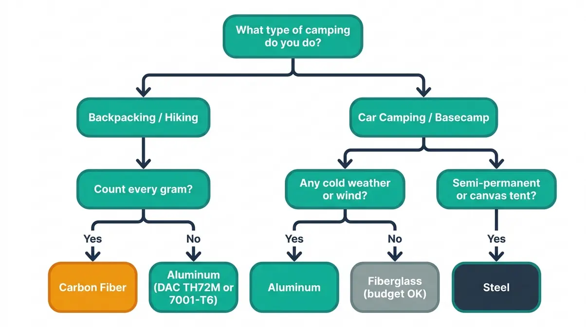 Decision flowchart for choosing between aluminum, fiberglass, carbon fiber, and steel tent poles by camping style