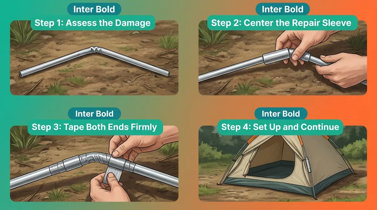 Step-by-step tent pole field repair showing repair sleeve and duct tape method for bent aluminum poles