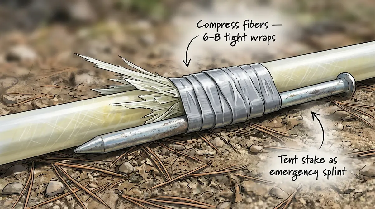 Splintered fiberglass tent pole wrapped with duct tape and secured with a tent stake as a field splint